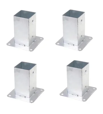Produktbild von Aqbau® 4er Set Pfostenträger Aufschrauben, Aufschraubhülse 90 x 90mm Aufschraubanker, Bodenhülse mit Dübelplatte, Pfostenschuhe zum aufschrauben