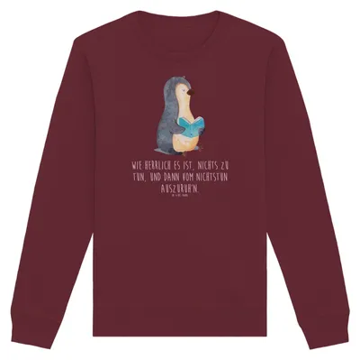 Produktbild von Mr. & Mrs. Panda Baumwoll Sweatshirt Pinguin Buch Größe L - Burgundy - Geschenk, Pulli, Pullover, Urlaub, Sweater, Rundhals, Bio, Freizeit
