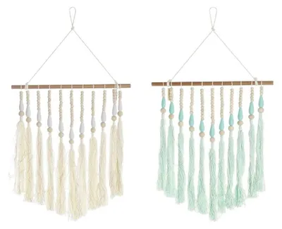 Wanddekor rechteckig 35x2x62 cm Crème Baumwolle Holz Boho