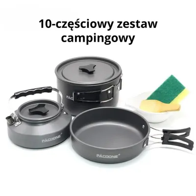 Zdjęcie produktu dla 10-częściowy Zestaw Kuchenny Campingowy – Garnki Outdoor z Czajnikiem i Patelnią, Lekki Aluminiowy Zestaw Naczyń na Camping, Trekking i Piknik