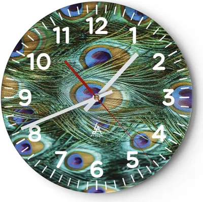 Produktbild von Wanduhr - Rund - Glasuhr - Pfauen Feder Makro - 30x30cm - Schleichendes Uhrwerk - Lautlos - zum Aufhängen bereit - Dekoration Modern - Wanddekoration aus Glas - C4AR30x30-4159