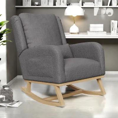 Obrázok produktu pre ProximaX Sivé plyšové hojdacie kreslo s vankúšom, bočné vrecká na mobilný telefón, ergonomický dizajn - príjemné relaxačné kreslo do obývačky a čitateľského kútika