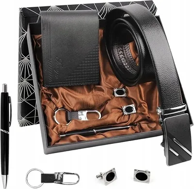 Productafbeelding van Geschenkset voor heren, bestaande uit: zwarte riem, sleutelhanger, balpen, manchetknopen, portemonnee