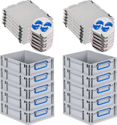 Produktbild von SparSet 10x Eurobox NextGen Color mit Auflagedeckel und Schiebeschnappverschlüsse | HxBxT 12x30x40cm | 11 Liter | Grau | Griffe blau geschlossen | Glatter Boden | Eurobehälter, Transportbox, Transportbehälter, Stapelbehälter