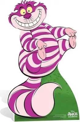 A cartoon illustration of the Cheshire Cat from Alice in Wonderland, standing on a green grassy base.