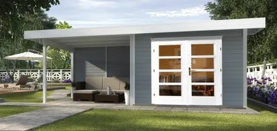 Productafbeelding van Tuinhuis Weka Designhaus 126 B, maat 2, met vloer en zijgeveloverkapping, 645 x 315 cm, lichtgrijs