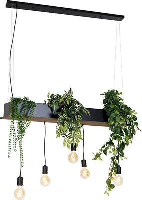 Produktbild von QAZQA - Landhaus I Vintage Land Hängelampe I Pendellampe I Pendelleuchte schwarz mit Holz 5-flammig-Licht - Flair I Wohnzimmer I Schlafzimmer - Stahl Länglich - LED geeignet E27