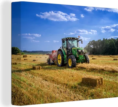 Produktbild von MuchoWow® - Leinwandbilder - Traktor - Bauernhof - Heu - Feld - Sonne - Landleben, Wandbild, Wanddeko Bilder Wohnzimmer, 120x90cm