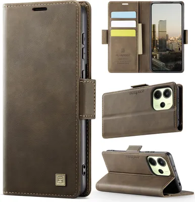 Image de Étui en cuir pour Xiaomi Redmi Note 14 4G, protection RFID, fermeture magnétique, fentes pour cartes et support Marron