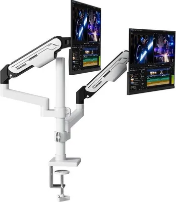 Produktbild von Doppelter Monitorarm mit hoher Säule, verstellbare Gasdruckfeder-Bürohalterung für 2 Bildschirme von 17-32 Zoll mit einem Gewicht von bis zu 9 kg, VESA 75x75 und 100x100, weiß