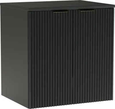 A dark gray cabinet with fluted doors and gold handles, shown from a three-quarter angle against a white background.
