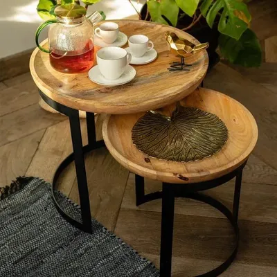 Immagine prodotto di Set di tavolini Tavolino Tavolino da salotto Tavolo da salotto Gambe in metallo Piano in legno