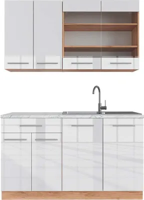 Produktbild von Singleküche Vicco Fame-Line Weiß Hochglanz/Goldkraft Eiche 140 cm , AP Marmor, Model 42440