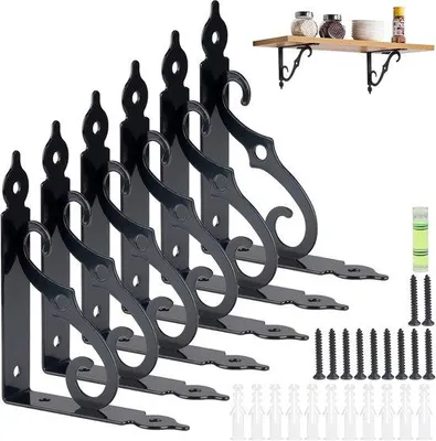 Produktbild von Famanu Regalhalter Set – 6 schwarze, schwere Wandhalterungen, 90 Grad, maximale Tragkraft 40 kg
