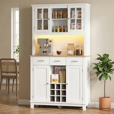 Produktbild von Küchenbuffet Modern Weiß 98,5x40x180 cm Highboard Küchenschrank mit LED-Beleuchtung, Weinfach, Glastüren und Schubladen