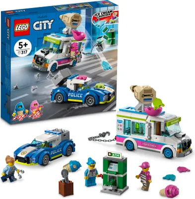 Produktbild von LEGO City Eiswagen-Verfolgungsjagd Bausatz 60314, Kunststoff, mehrfarbig, 12 cm H, 15 cm L, 5 cm B, 317 Teile, Eiskanone, Reifenkiller, Minifiguren, umgebauter Ganoven-Eiswagen, interaktive digitale Bauanleitung