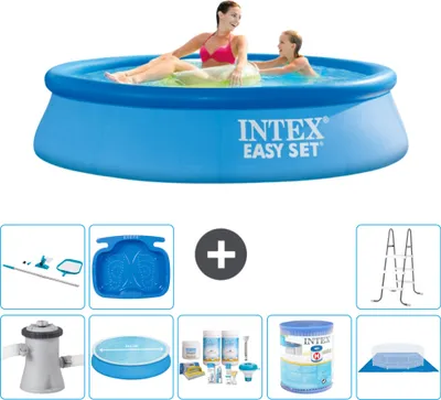 Produktbild von Intex runder aufblasbarer Easy Set-Schwimmpool – 244 x 61 cm – Blau – inklusive Pumpe Sonnensegel - Wartungspaket - Filter - Bodenplane - Reinigungskit - Leiter