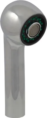 A close-up studio shot of a chrome kitchen faucet spray head.