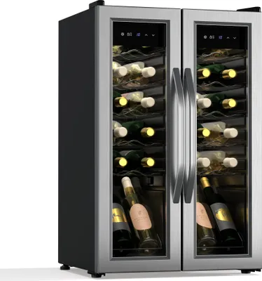 Image de Klarstein Vinamour Cave à vin 2 zones - 24 bouteilles, 5-18°C,tactile, éclairage LED, pose libre, inox double porte, cave à vin climatisée