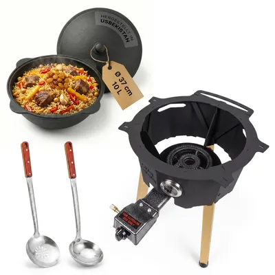 Produktbild von Outdoor Kochset mit Feuerstelle Ø36,5 cm aus Stahl mit integriertem Brenner Gusseisen Kasan 10L aus Namangan mit Aluminiumdeckel Dutch Oven Set Schaumkelle Suppenkelle