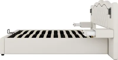 Side view of a white upholstered bed frame with a slatted mattress support and attached nightstands.