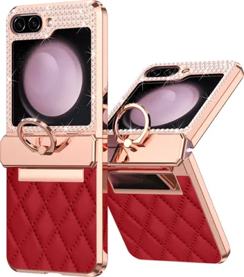Produktbild von Leder Hülle für Samsung Galaxy Z Flip 5 mit Ringhalterung, Luxus Glitzer Bling Überzug Scharnierschutz Handyhülle Rot