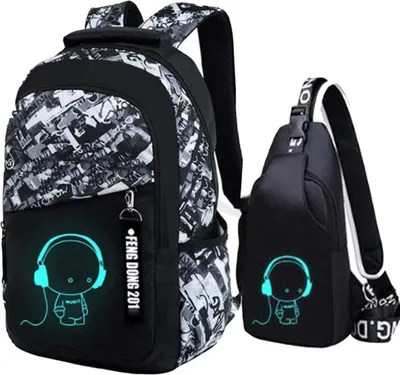 Produktbild von Oxford-gewebe Schulrucksack(Weiss+Musikerbrusttasche)für Jungen Schulrucksack Druck laptoprucksack Jugendlichen Schultasche Outdoor Reflektierender Daypack Outdoor Camping Wasserdichte Büchertaschen