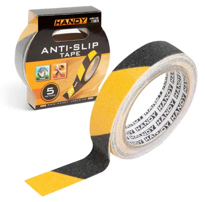 Zdjęcie produktu dla Handy - Taśma ostrzegawcza antypoślizgowa samoprzylepna - 5 m x 2,5 cm - czarna/żółta do schodów, podłóg, progów - wodoodporna - do wnętrz i na zewnątrz