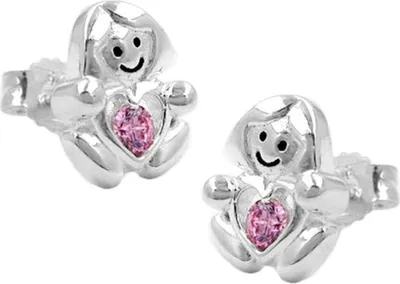 Produktbild von Paar Ohrstecker Mädchen mit Herz pink Zirkonia 925 Silber Kinder