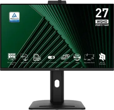 A computer monitor with a green abstract background and various icons and text overlayed on the screen.