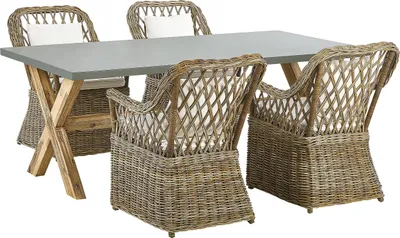 Produktbild von BELIANI Gartenmöbel Set 5-teilig Natürlich Rattan Tisch 200 x 100 cm Rechteckig Grau Faserzement mit 4 Stühlen Auflagen Cremeweiß Baumwolle Outdoor