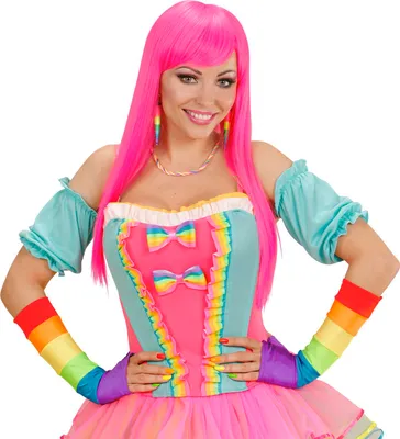 Produktbild von Regenbogen Satin Handschuhe Bunt Lang 33 cm