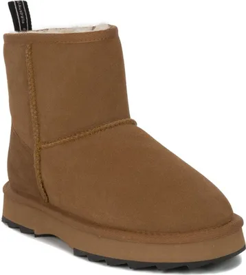 A single brown winter boot is shown against a white background.