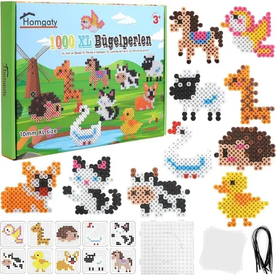 Zdjęcie produktu dla Zestaw koralików do prasowania, 10 mm, 1000 sztuk, XL, z arkuszami wzorów, papierem do prasowania, 10 kolorów, motywy zwierzęce