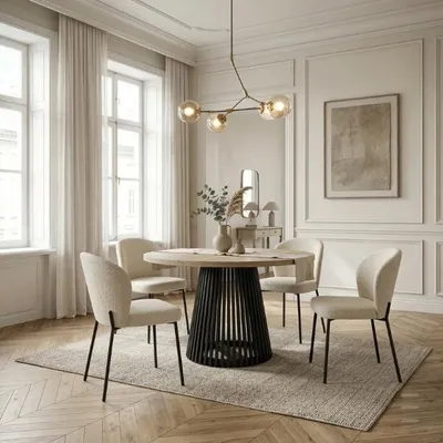 Produktbild von Runder Ausziehbarer Tisch für Esszimmer, DOVER - Industrial/Loft Still mit Lamellenbeine, Durchmesser: 110 / 210 cm, Farbe: Eiche Sonoma / Schwarz