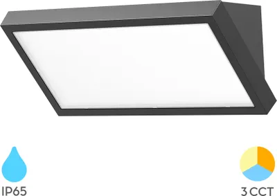 A modern LED outdoor wall light with a sleek, angular design.