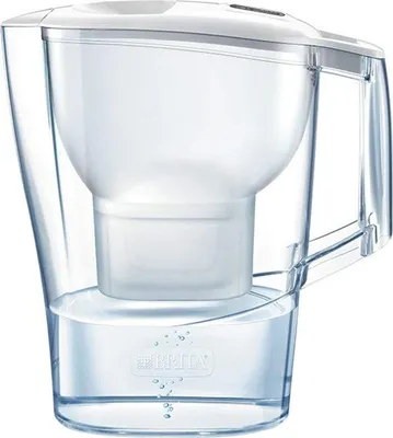 A Brita water filter pitcher filled with water.