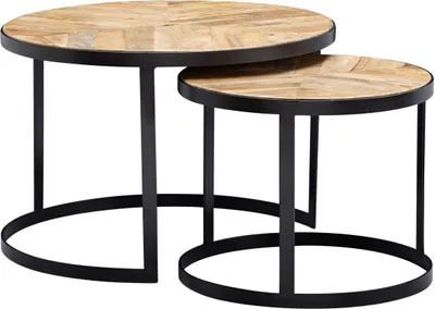 Produktbild von Couchtisch 2er Set Massivholz / Metall Wohnzimmertisch Industrial Rund, Beistelltisch mit Metallbeine Schwarz, Tischset 2-teilig Satztisch Holz