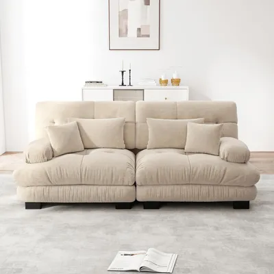 Produktbild von Ecksofa Wohnzimmer Chenille, 2-Sitzer Sofa mit 2 Lendenkissen & 2 Dekokissen, Massivholzrahmen