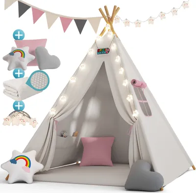 Produktbild von Spielwerk® Tipi Zelt für Kinder Indoor 130x130cm Set mit Bodenmatte Beige Rosa Kinderzelt Lichterkette Girlande Kissen Spielzelt Baumwolle Holz Tasche