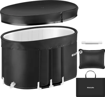 A black foldable bathtub and its accessories are displayed against a white background.