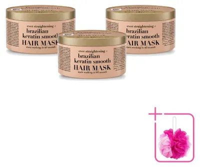 Productafbeelding van 3 x OGX Braziliaanse Keratine Gladmakend Haarmasker - Herstelt en geeft glans - 300 ml - Voordeelverpakking - 3 stuks
