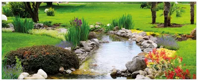 Produktbild von Wallario Wandbild aus Acryl, 125 x 50 cm, freischwebende Optik - Blumen am Teich
