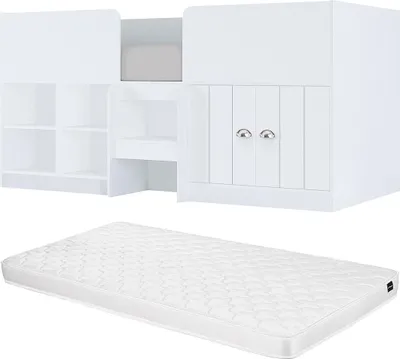 Produktbild von Hochbett mit Stauraum + Matratze - 90 x 190 cm - Weiß - BOUTANIO