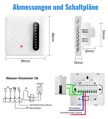 Produktbild von Smart WLAN Raumthermostat Fußbodenheizung Temperaturregler Touchscreen App-gesteuert mit Alexa und Google Home kompatibel 3A Wasser Fußbodenheizung