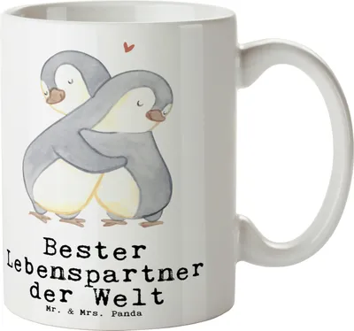 Produktbild von Mr. & Mrs. Panda Tasse Pinguin Bester Lebenspartner der Welt - Weiß - Geschenk, Kaffeetasse, Trinkbecher, Geschenktasse, Freund, Partner, Ehemann, Hochzeitstag, Freundin