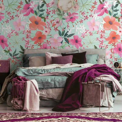 Immagine prodotto di Profhome 391951-GU Carta da parati fotografica in tessuto non tessuto fiori opaca turchese verde rosa viola 1,59 m x 2,8 m