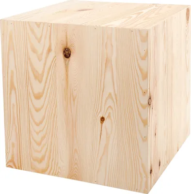A wooden cube, likely a plant stand or decorative block, is shown against a white background.