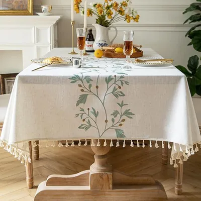 Productafbeelding van Beige katoenen tafelkleed met franjes, 140 x 180 cm