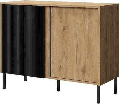Produktbild von Kommode 4 MIA 100 cm mit geriffelte Fronte mit 2 Türen Sideboard Metallbeine Ewige Eiche / Schwarz